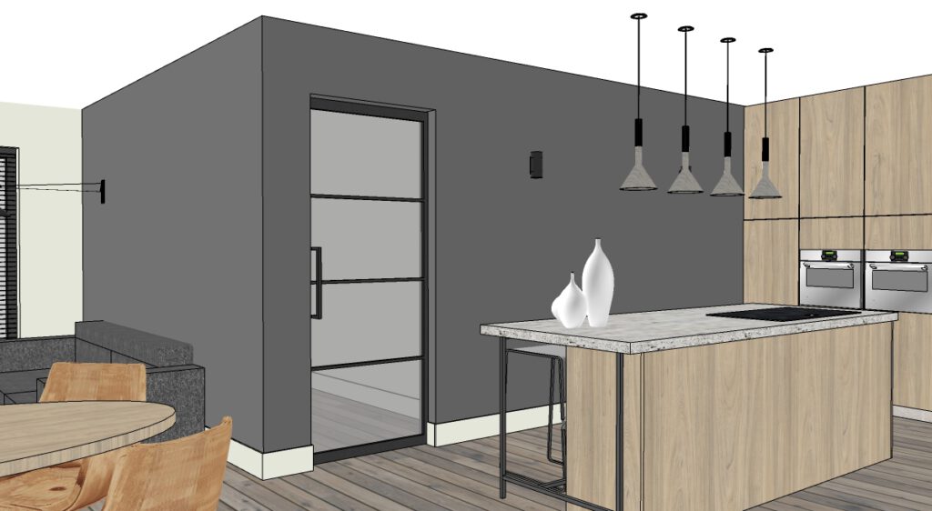 Dit is een 3D afbeelding gemaakt dor mooie boel als onderdeel van een interieurplan, verbouwing keuken en woonkamer
