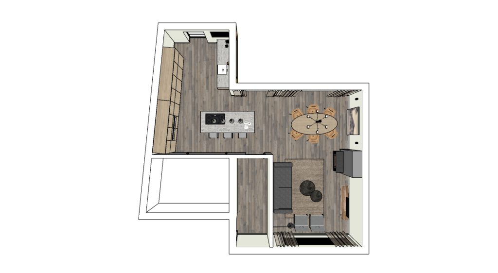 Mooie boel plattegrond in 3D, dit is een onderdeel van een interieurplan, verbouwing keuken en woonkamer